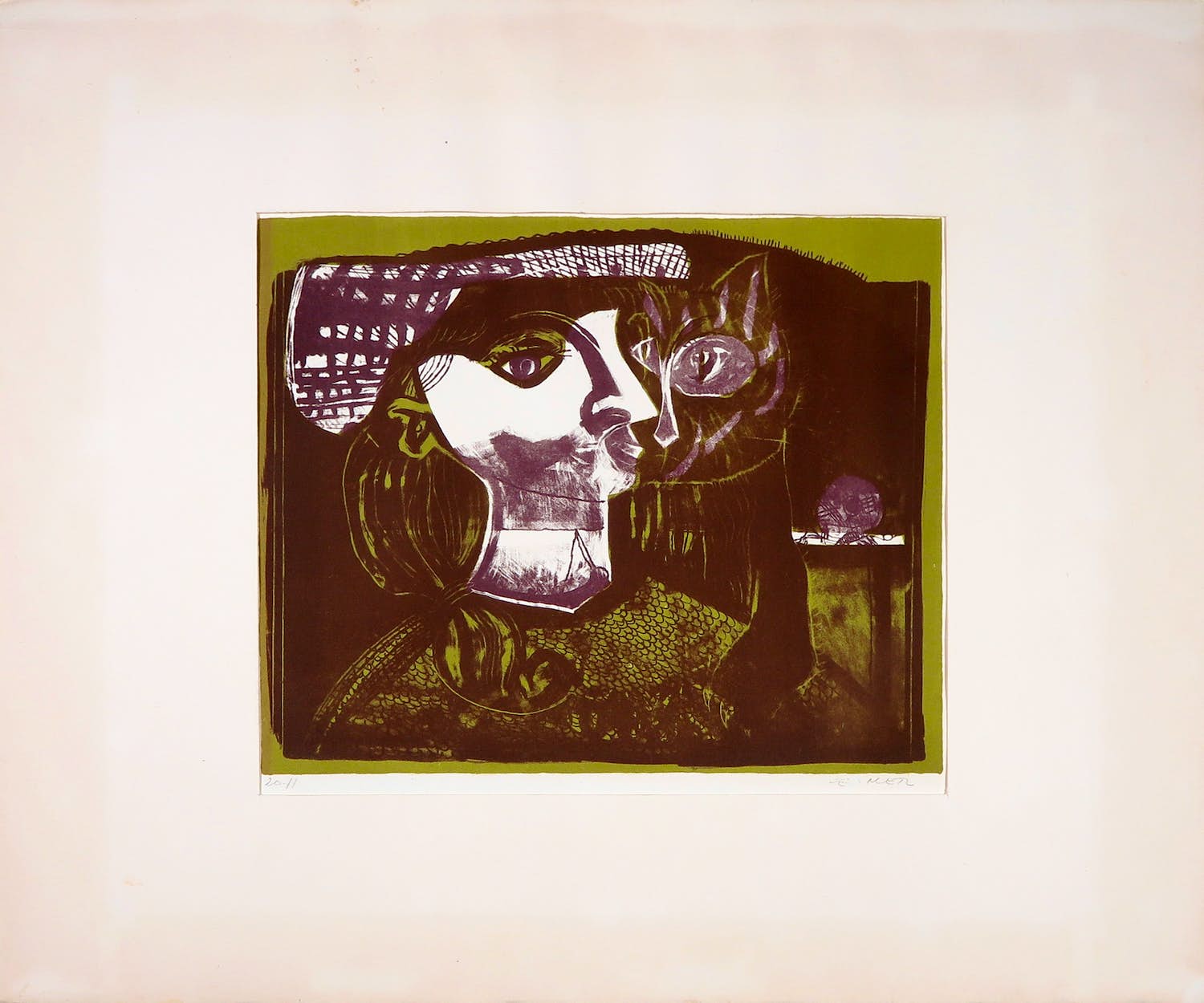 Niet of onleesbaar gesigneerd - Litho, Vrouw met kat kopen? Bied vanaf 1!