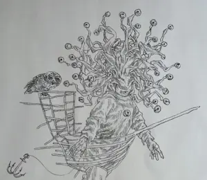 Peter Vos - handgesigneerde litho | 'Man met schip, uil en narrenkap met ballen' | 1973 kopen? Bied vanaf 200!