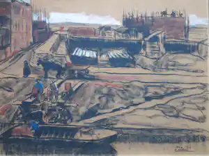 Chris Le Roy - Valkenboskade Den Haag in aanbouw - Gemengde techniek verkocht voor € 80!