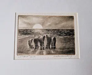 Riek Wesseling - Twee (2) E.A. droge naald Etsen "strand" en "uitspanning" potloodgesigneerd kopen? Bied vanaf 46!