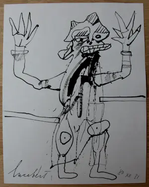 Lucebert - Pentekening: "Staande figuur met opgeheven armen" - 1980 kopen? Bied vanaf 599!