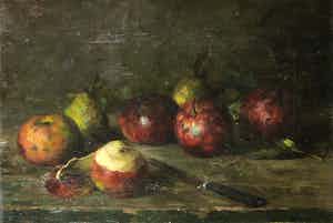 Jozef Gindra - Olieverf op doek, Stilleven met appels en peren verkocht voor € 200!