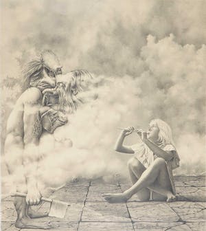 Peter Breedijk - Zeer gedetailleerde potloodtekening, Fantasiefiguren en meisje met fluit kopen? Bied vanaf 100!