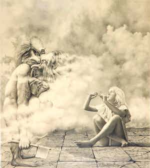 Peter Breedijk - Zeer gedetailleerde potloodtekening, Fantasiefiguren en meisje met fluit verkocht voor € 100!