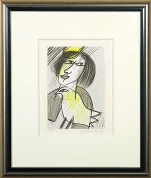 Corneille - Zeefdruk, Femme et oiseau - Ingelijst verkocht voor € 120!