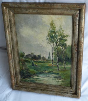 Niet of onleesbaar gesigneerd - Olieverf op paneel , Landschap met vrouw – ingelijst - oud kopen? Bied vanaf 1!