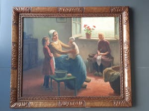 Henri Heyligers - vrouw met kinderen in boereninterieur kopen? Bied vanaf 400!