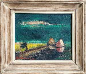 Hubert De Vries - Olieverf: Landschap. (Ingelijst) verkocht voor € 220!