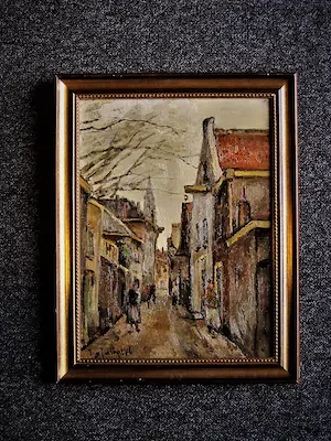 Niet of onleesbaar gesigneerd - Charmant omstreeks 1920 geschilderd olieverf "Dorpstraatje" gesigneerd kopen? Bied vanaf 1!