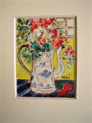 Niet of onleesbaar gesigneerd - Expressionistisch Aquarel "bloemen in emaille kan" gesigneerd Assi (Zena?) kopen? Bied vanaf 10!