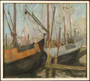 Frans Verpoorten - Olieverf op doek, Boten in haven - Ingelijst verkocht voor € 180!