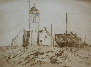 Frederika Broeksmit - Ets/Aquatint: Vuurtoren en vissersboot te Katwijk kopen? Bied vanaf 50!