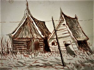 Aat Veldhoen - Groot, omstreeks 1960 geschilderde figuratieve Gouache "Landschap met huizen" kopen? Bied vanaf 25!