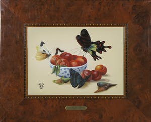 Hans Verhoef - Olieverf op paneel, Stilleven met fruit en vlinders - Ingelijst kopen? Bied vanaf 300!