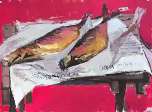 Frans Hollaardt - Vis op krant op tafel, gouache verkauft für € 52!