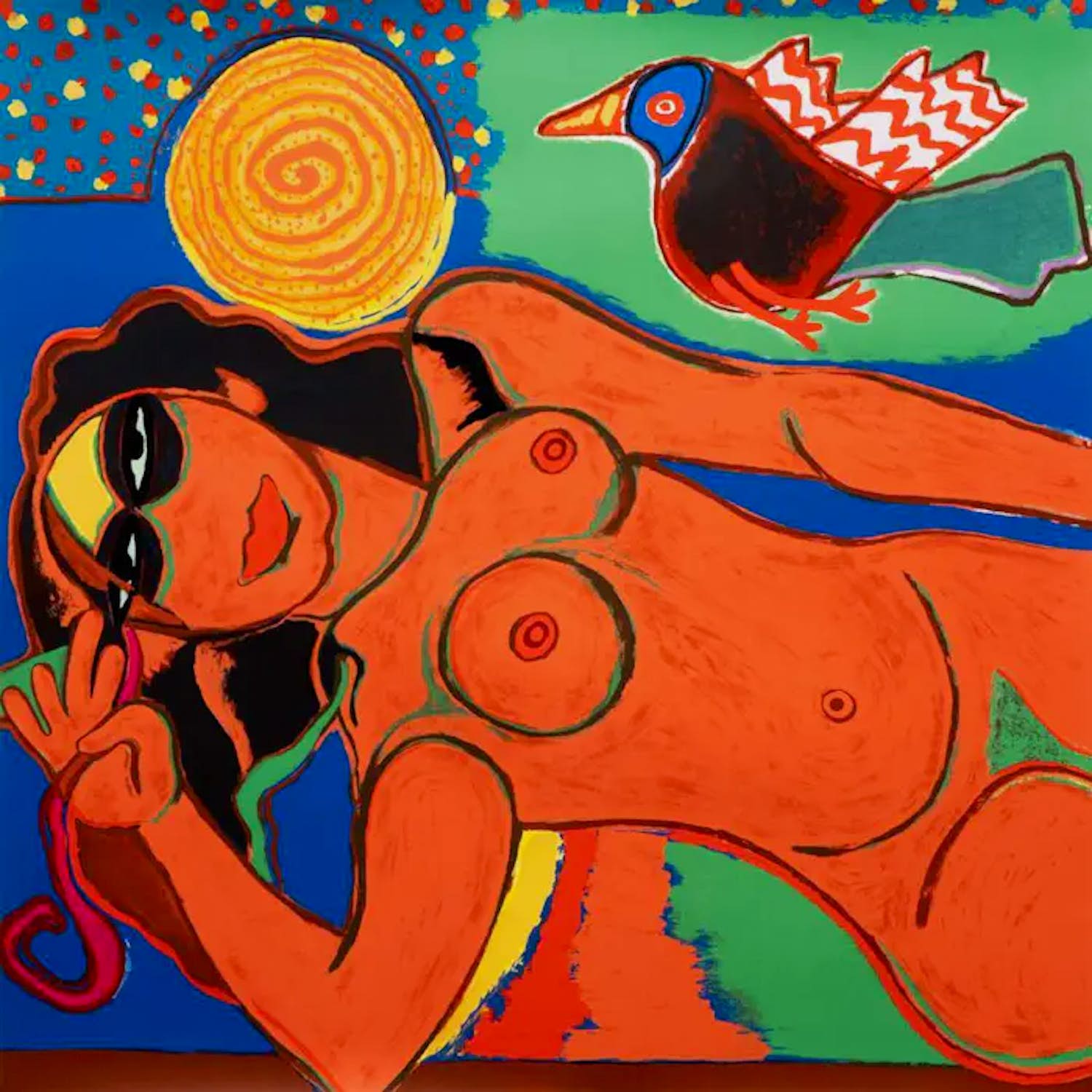 Corneille - Grote kleurrijke litho: Nu et oiseau - 1991 verkocht voor € 850!