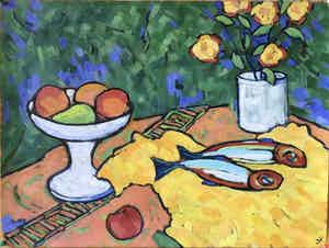 Jan Willem Versteeg - Nature morte avec poisson et bol de fruits verkocht voor € 95!