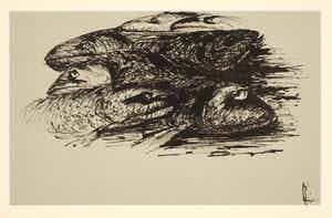 Melle Oldeboerrigter - Inkttekening op geschept papier, Vissen verkocht voor € 100!