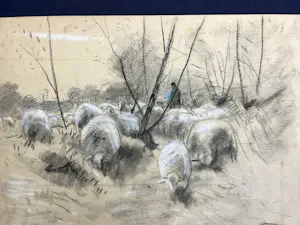 Anton Mauve (sr.) - Schapenherder met kudde schapen in winters landschap tussen bomen kopen? Bied vanaf 320!