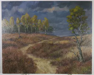 Harmen Klaas Post - Olieverf op paneel, Heidelandschap met voetpad - Ingelijst kopen? Bied vanaf 120!