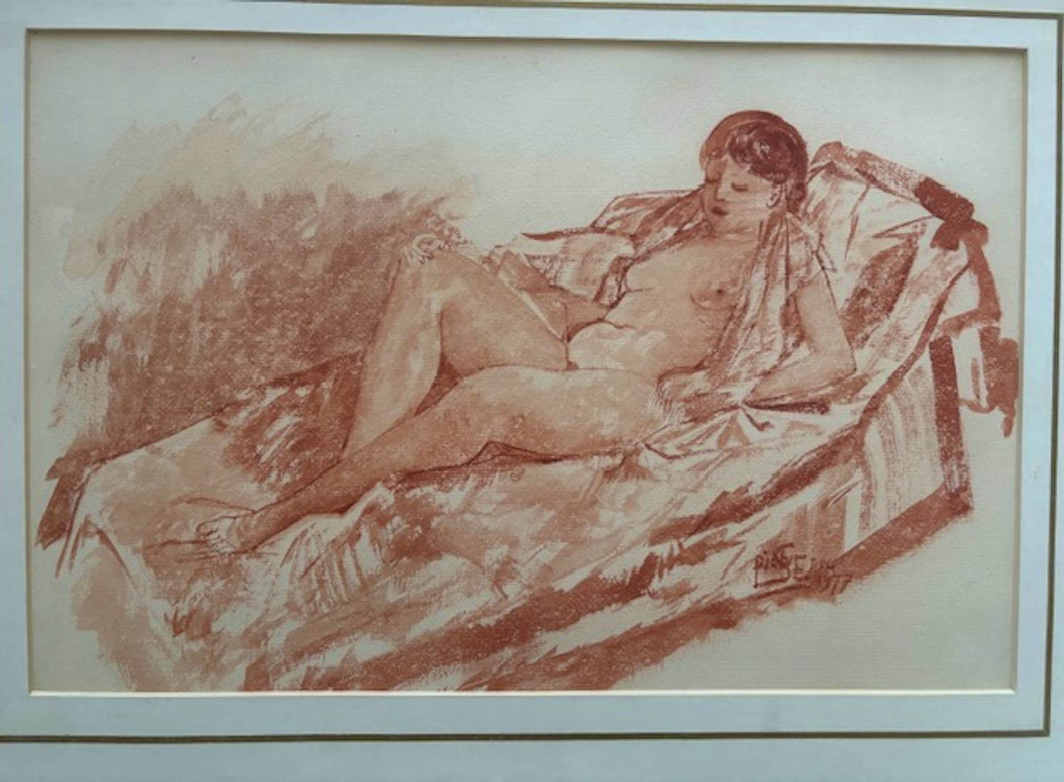 Pieter Starreveld - naakt op sofa in roodkrijt kopen? Bied vanaf 85!