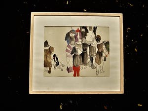 Karin Elfrink - Leuk jaren 80 Aquarel/Potlood "kleding kopen op de Albert Cuyp Amsterdam" kopen? Bied vanaf 1!