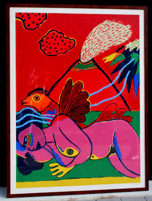 Corneille - Ingelijste zeefdruk: femme et oiseau au volcan - 1991(zeer groot werk!) kopen? Bied vanaf 1500!