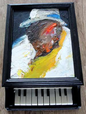 O.C. Hooymeijer - Olieverf op board: Famous Piano player + werkende mini piano- 1992 verkocht voor € 199!