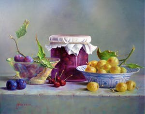 Hans Habraken - Stilleven met kersen en pruimen kopen? Bied vanaf 750!