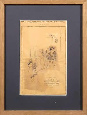 Jo Spier - Pentekening, Het Geschenk dat niet uit de Bijenkorf kwam... - Ingelijst verkocht voor € 40!
