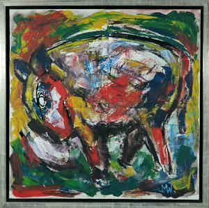 Martin van Wordragen - Olieverf op doek, Wroetend zwijn - Ingelijst (Groot) verkocht voor € 1!