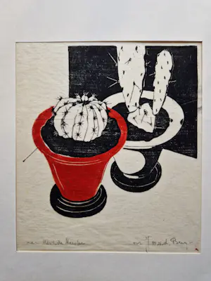 Jos van den Berg - Kubistische, omstreeks 1940 gemaakte handgekleurde houtsnede "cactus" kaufen? Bieten Sie von 38!
