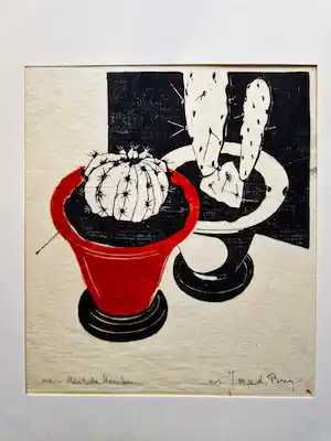 Jos van den Berg - Kubistische, omstreeks 1940 gemaakte handgekleurde houtsnede "cactus" verkauft für € 43!
