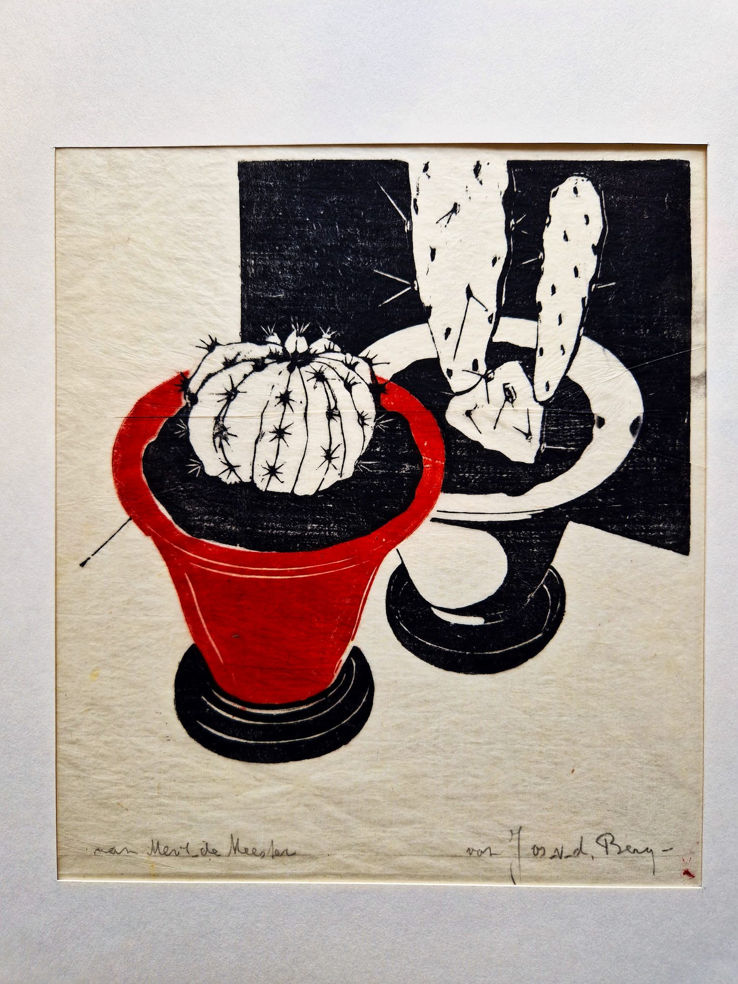 Jos van den Berg - Kubistische, omstreeks 1940 gemaakte handgekleurde houtsnede "cactus" verkocht voor € 38!
