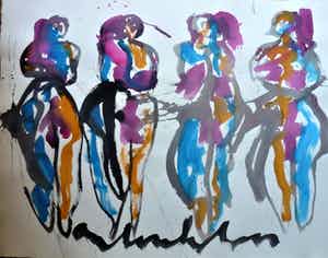 Anton Heyboer - Vier vrouwen. Sierlijke kleurige schildering . verkocht voor € 400!