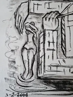 Hannes Postma - Grote in 2009 gemaakte houtskool tekening "l'Architecte" netjes ingelijst kopen? Bied vanaf 58!