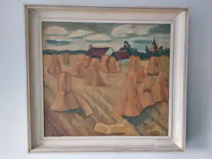 Jules De Sutter - schilderij - landschap met korenschoven - ingelijst kopen? Bied vanaf 1300!