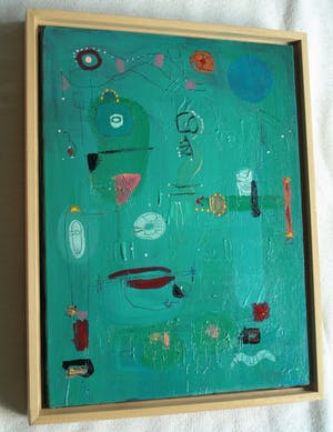 Jasper Banen - Acrylverf op doek , ingelijst , Blauwe Zon en Hemellichamen – 2004 kopen? Bied vanaf 85!