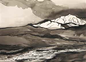 Jan Dijker - Inkttekening, Berglandschap verkocht voor € 60!