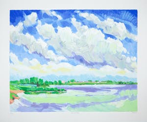 Adri Dijkhorst - Zeefdruk, Rivierlandschap kopen? Bied vanaf 35!