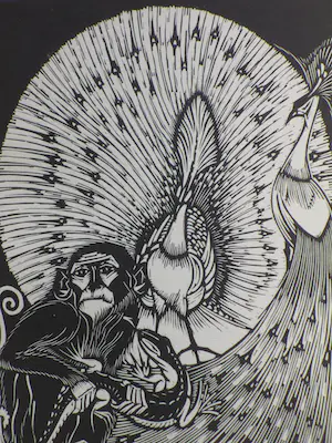 Jan Schonk - Pauwen en een aap - Houtsnede kopen? Bied vanaf 25!