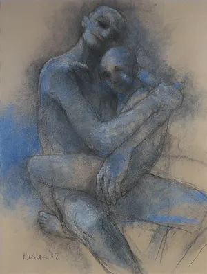 Peter Harskamp - Krijttekening, Vrouw met kind - Ingelijst kopen? Bied vanaf 1!