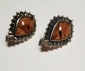 VVintage teardrop oorbellen met gouden amber en marcasiet kopen? Bied vanaf 65!