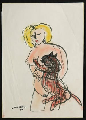 Corneille - Viltstift- en pasteltekening op papier, Femme et chat rouge (+ fotocertificaat) kopen? Bied vanaf 650!