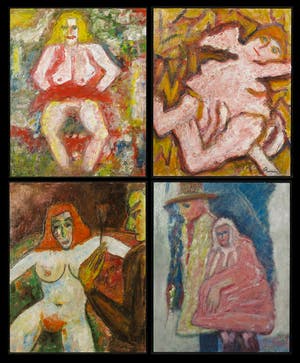 Pieter Haan - Acryl op board, Lot van vier voorstellingen in thema naakt kopen? Bied vanaf 1!