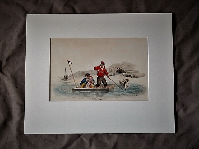 Niet of onleesbaar gesigneerd - Leuk 19e Eeuws Aquarel "Kinderen op vlot bij Hollandse kust" monogram kopen? Bied vanaf 1!