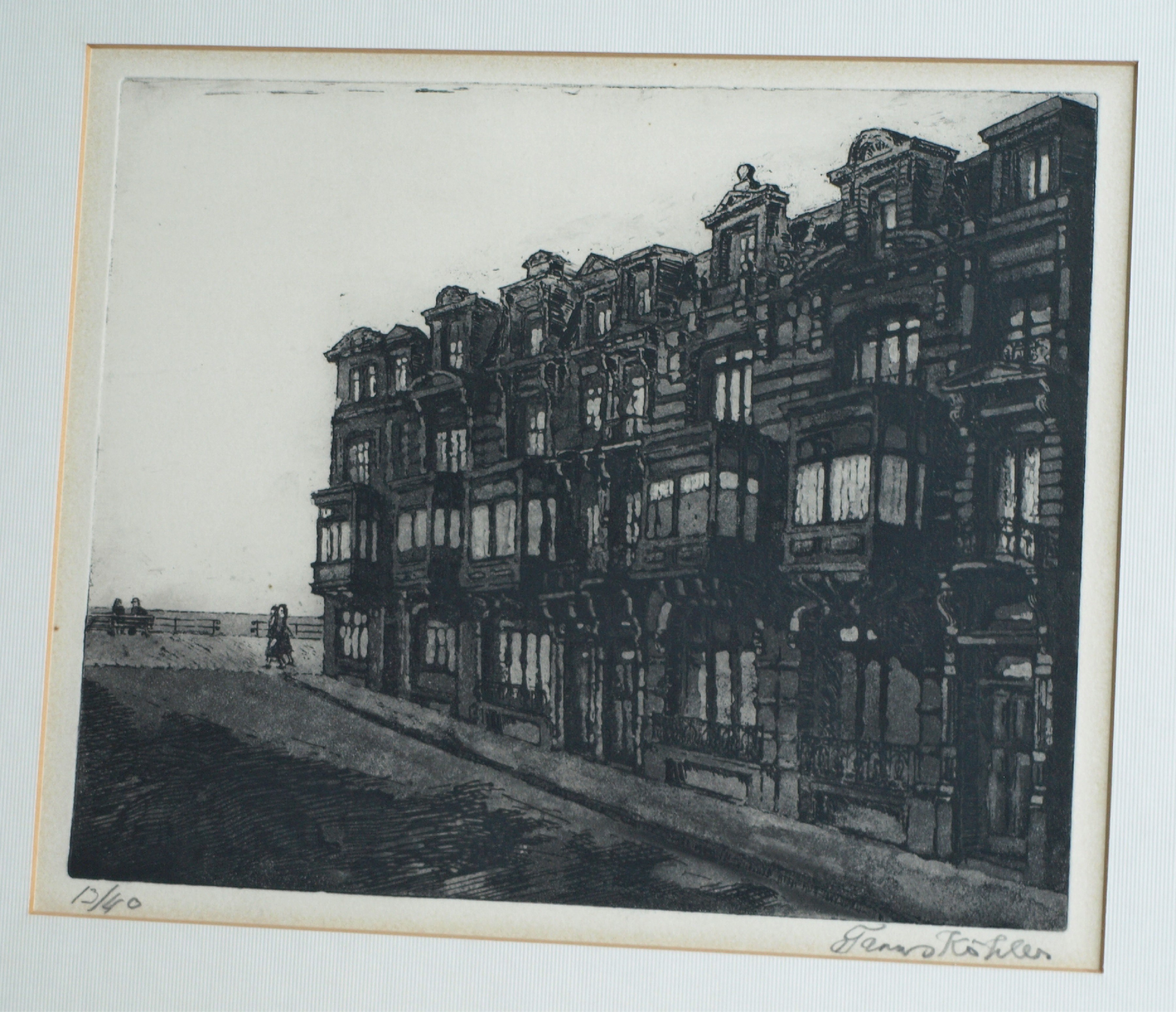 Frans Kohler - Ets , Straatje naar zee in Oostende – gesigneerd & ingelijst – ca 1970 kopen? Bied vanaf 25!