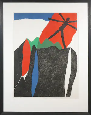 Jef Diederen - Houtsnede, Figuur in rood vlak - Ingelijst (Groot) kopen? Bied vanaf 1!