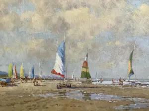 Willem Heytman - Zonnig strandgezicht met zeilbootjes kopen? Bied vanaf 750!