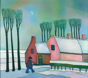 Toon Tieland - Olieverf op doek, De roze hoeve (Vlaanderen) - Ingelijst kopen? Bied vanaf 2800!